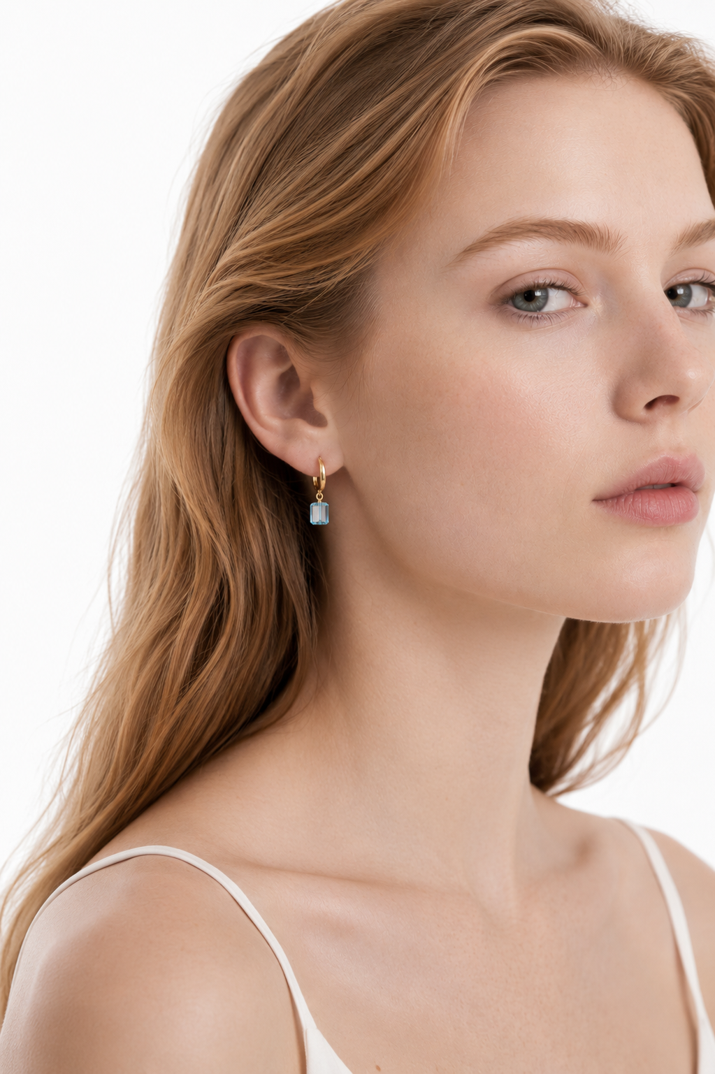 Aquamarine Cube Clip Hoop Earrings