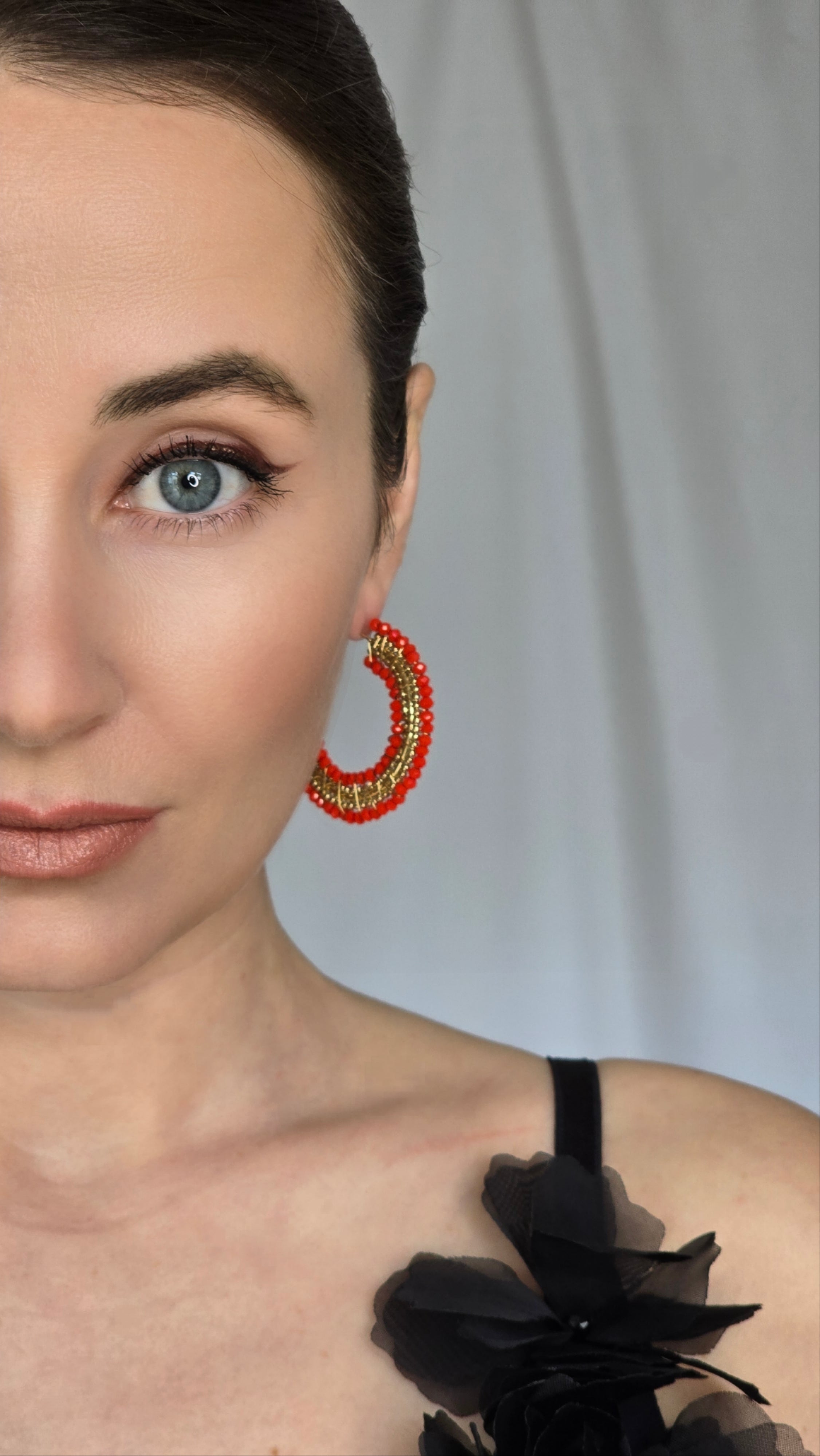 Red and Gold Beaded Hoop Earrings