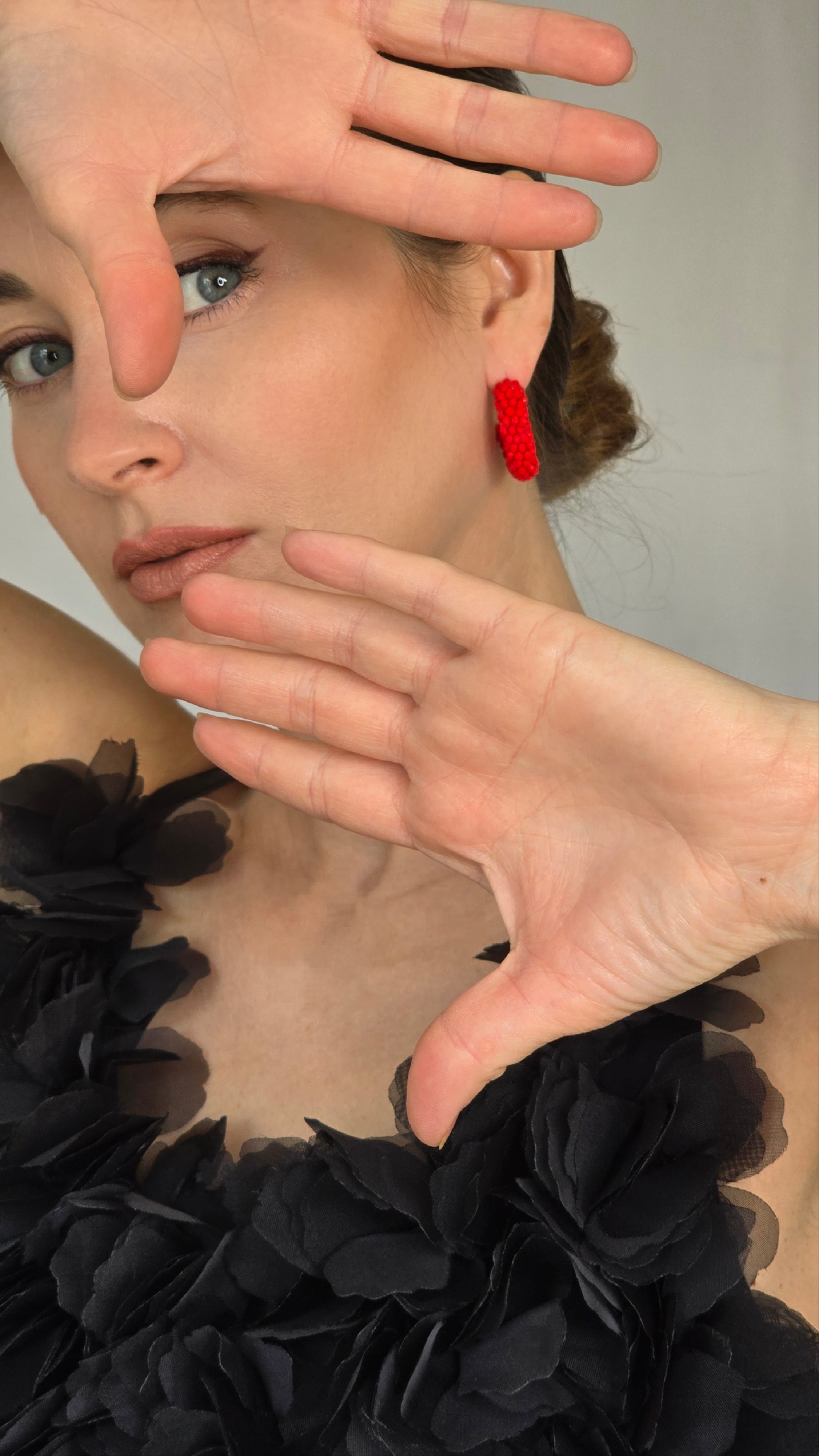 Small Red Beaded Hoop Earrings
