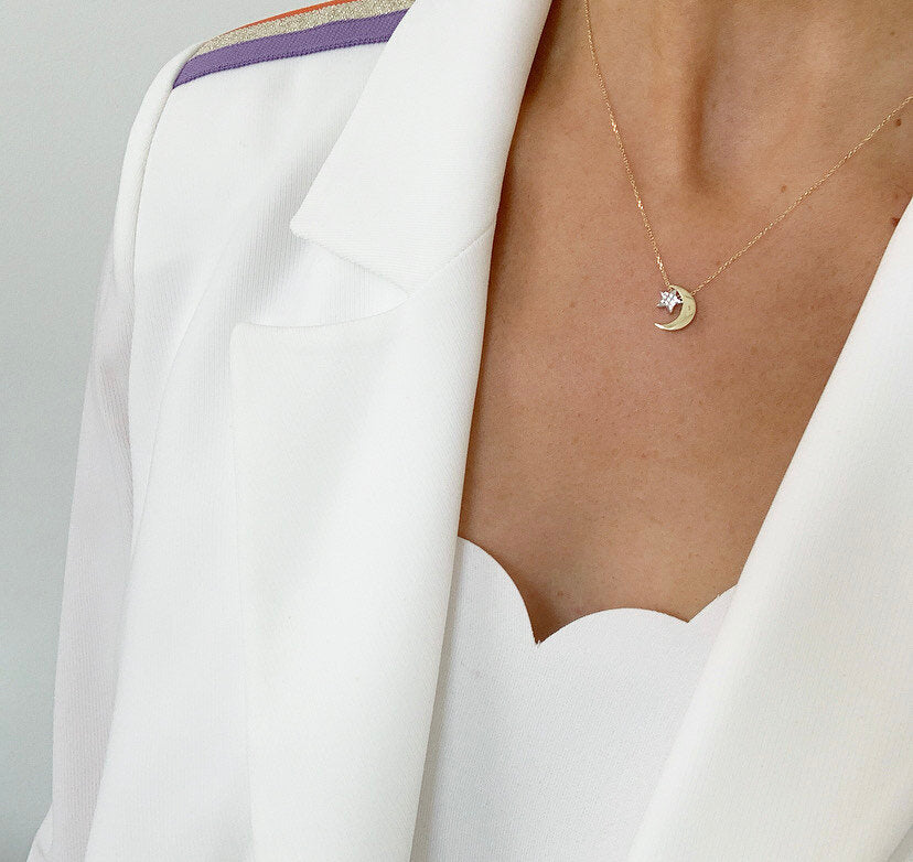 9ct Gold Moon and Star Necklace