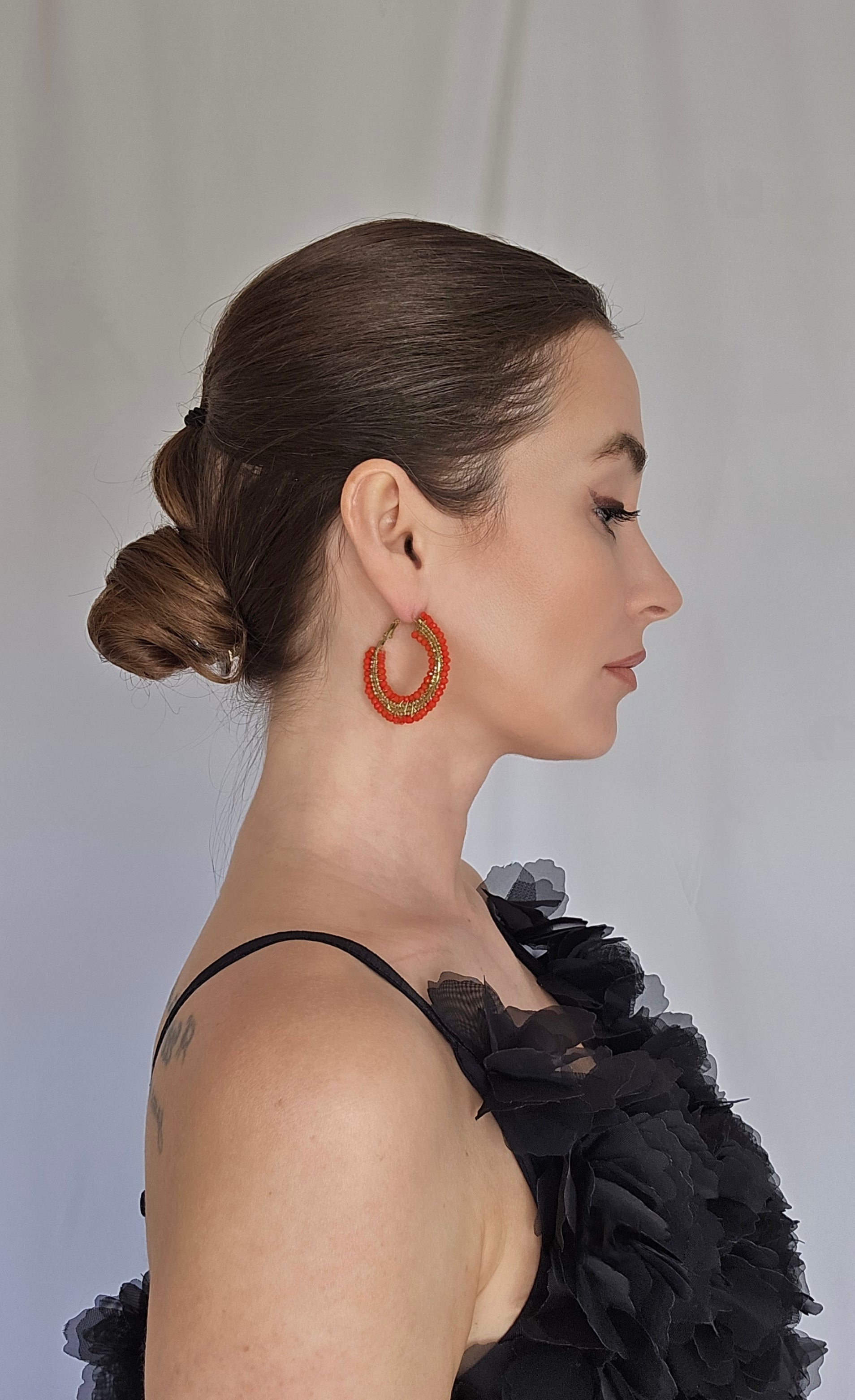 Red and Gold Beaded Hoop Earrings
