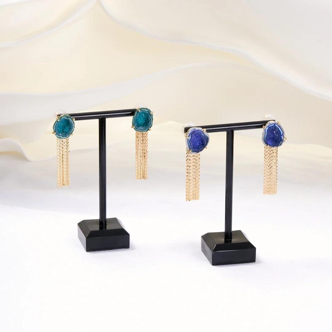 Geode Blue Tassle Earrings