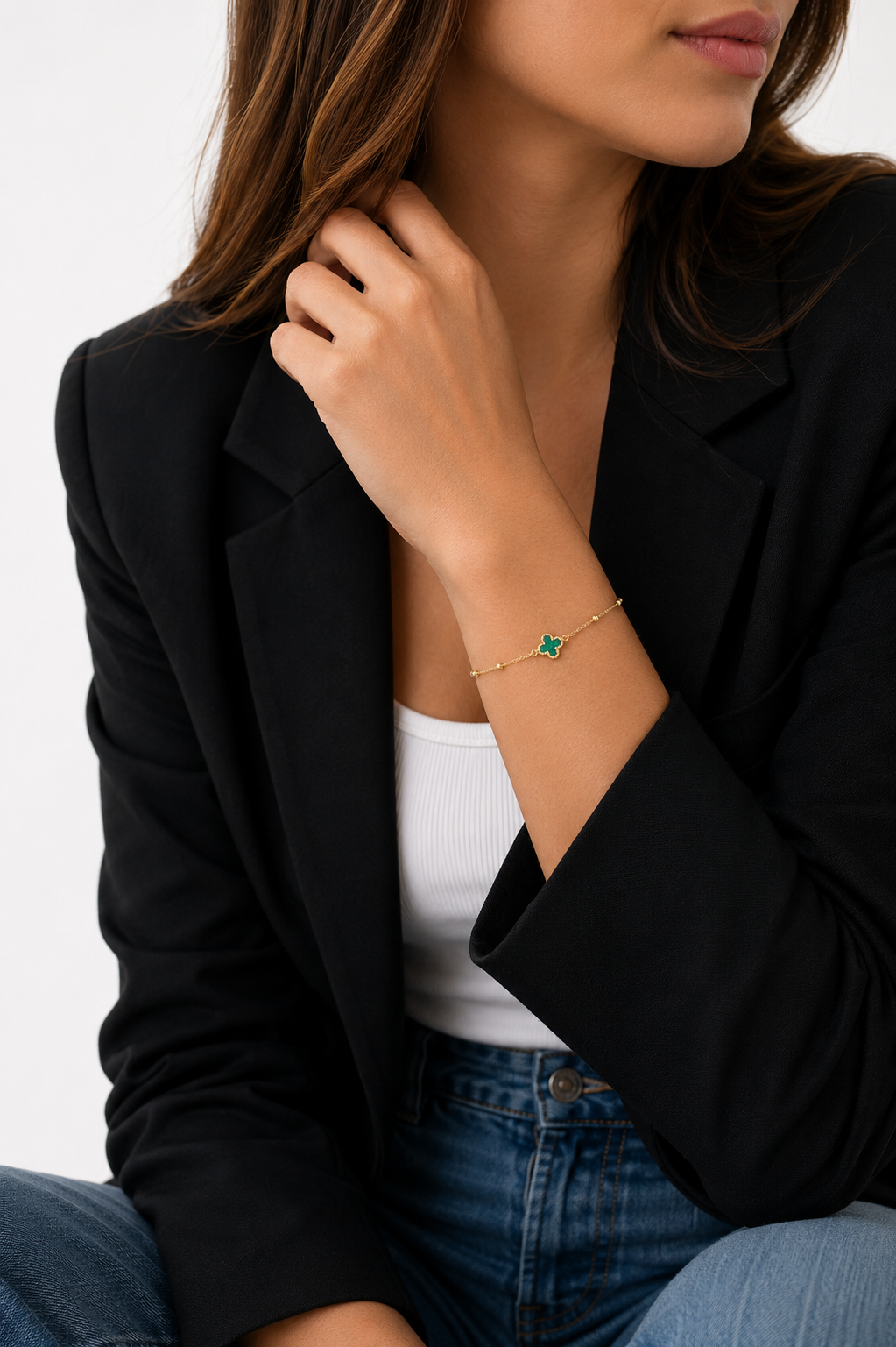9ct Green Clover Beaded Bracelet