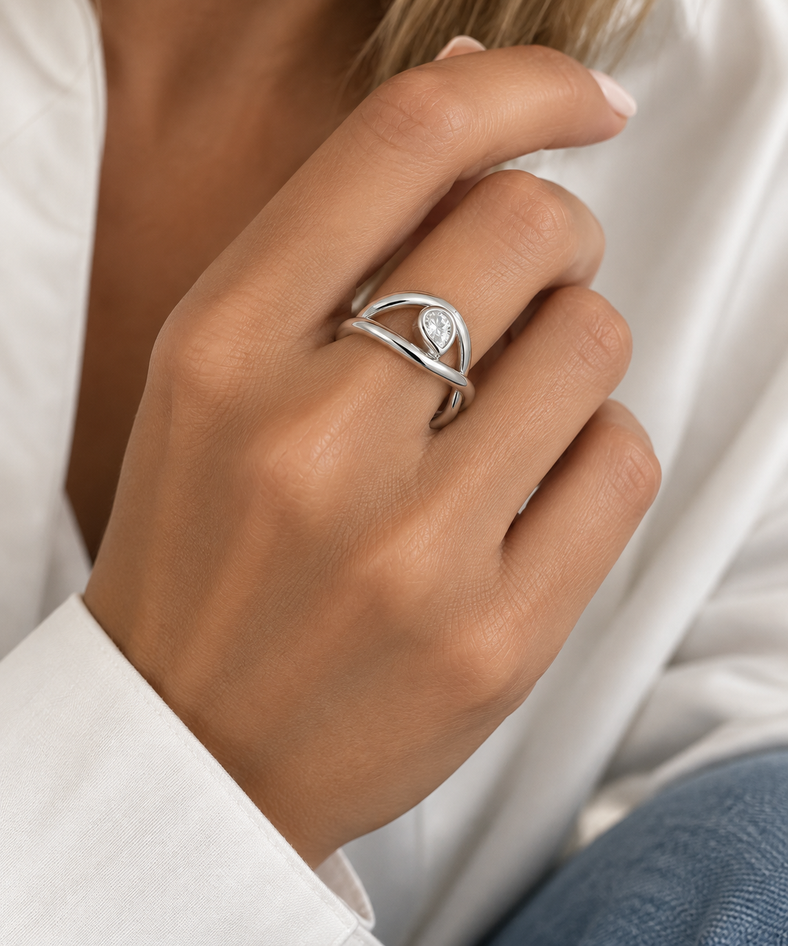 Silver Pear Twist Ring