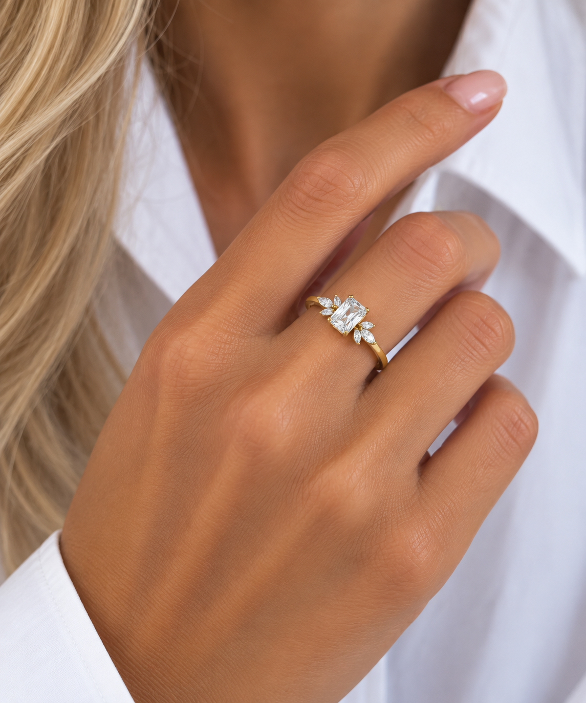 9ct Gold Emerald-Cut Marquise Cluster Ring