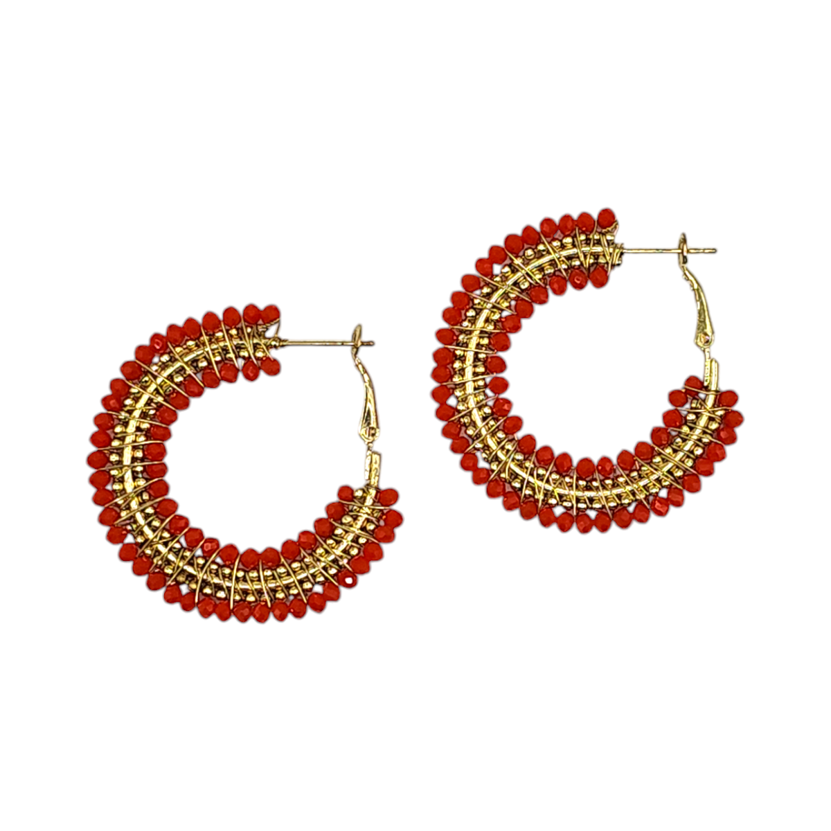 Red and Gold Beaded Hoop Earrings