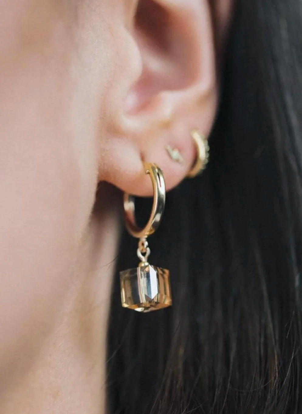 Golden Shadow Cube Clip Hoop Earrings
