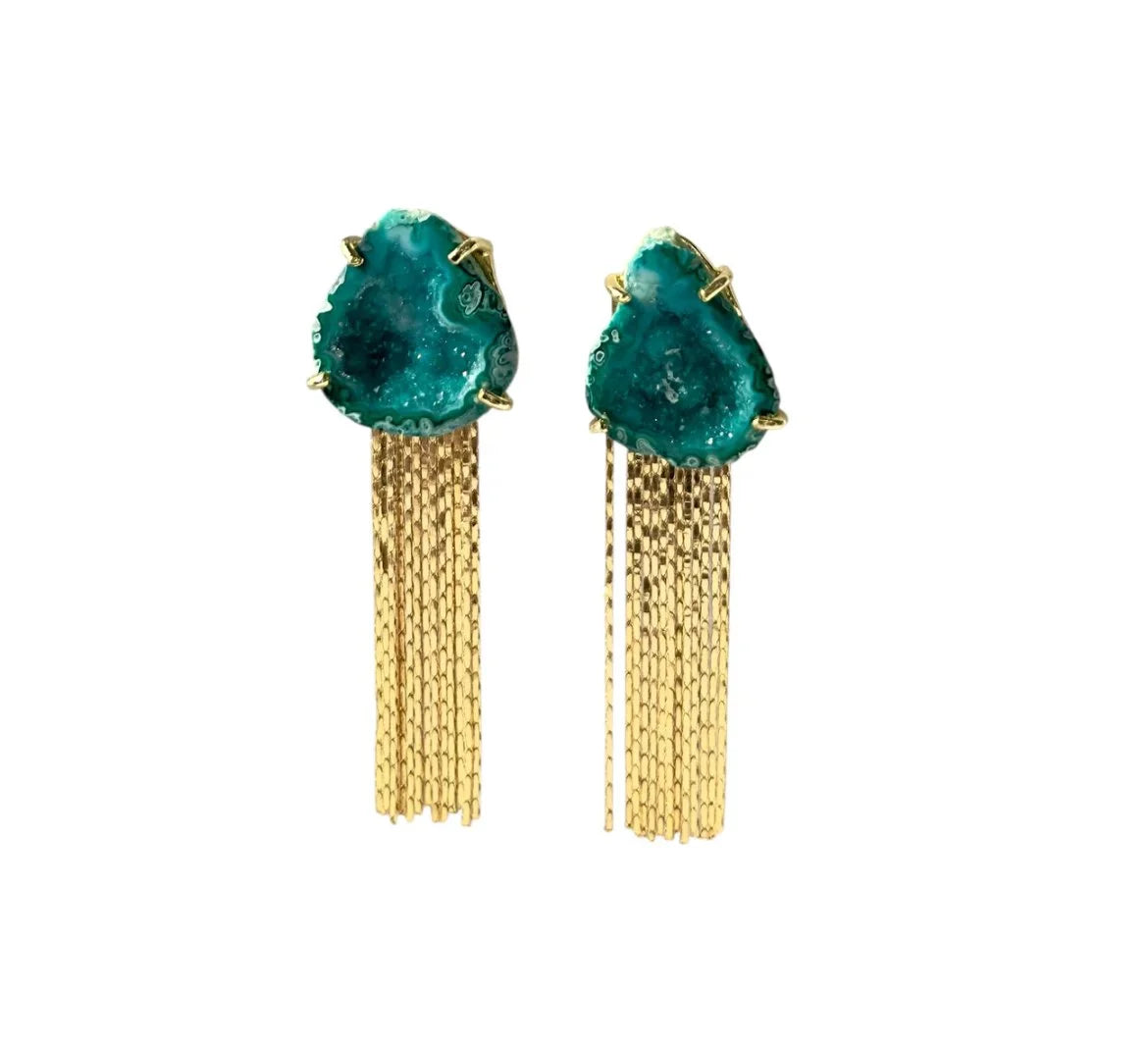 Geode Green Tassel Earrings