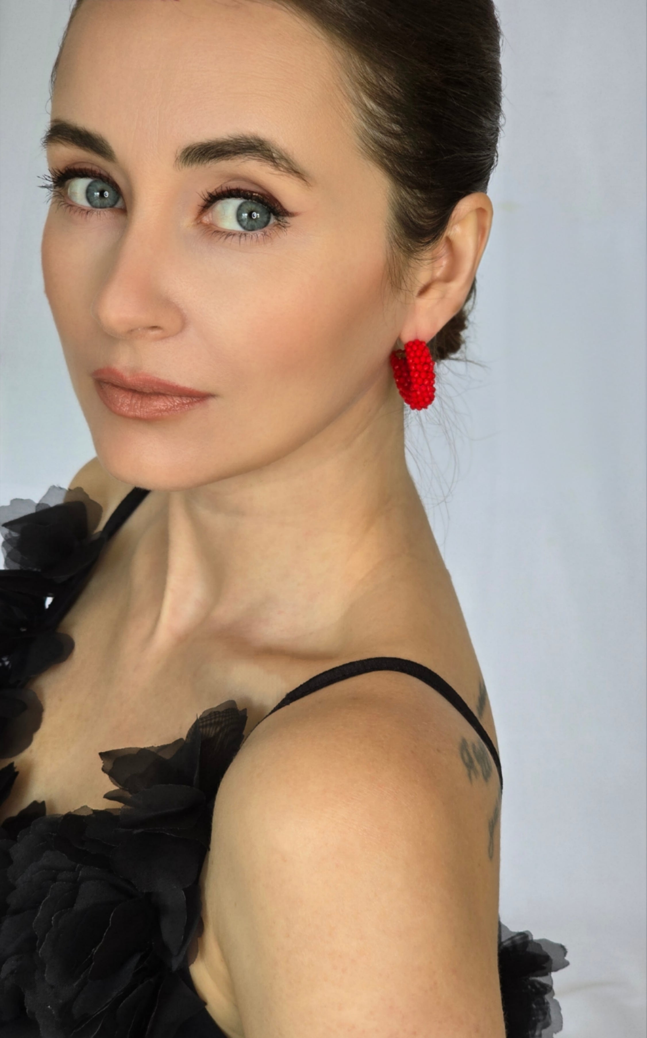 Small Red Beaded Hoop Earrings