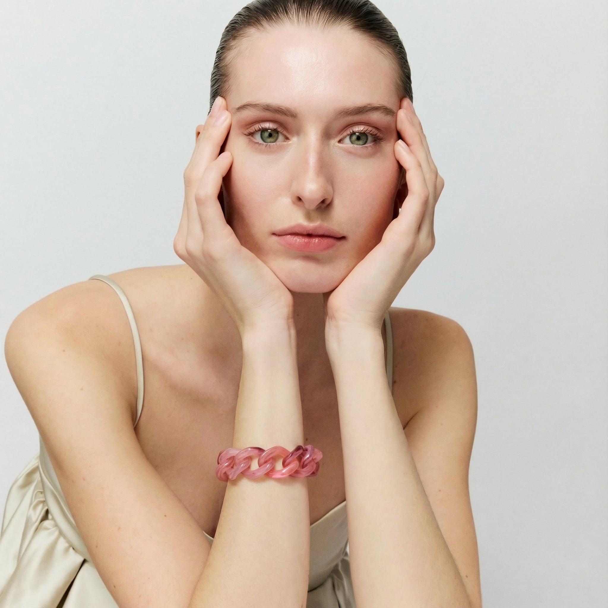 Flat Chain Crystal Pink Marble Bracelet